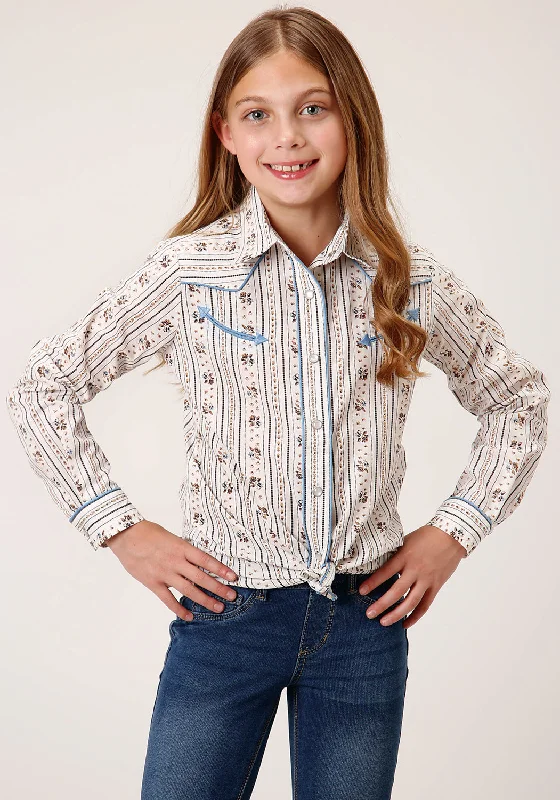 Striped ShirtsRoper Girls Kids Brown/Blue Cotton Blend Wallpaper Stripe L/S Shirt