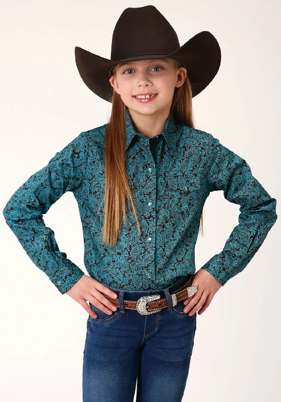 Skateboard ShirtsRoper Girls Kids Turquoise 100% Cotton Agave Paisley L/S Shirt