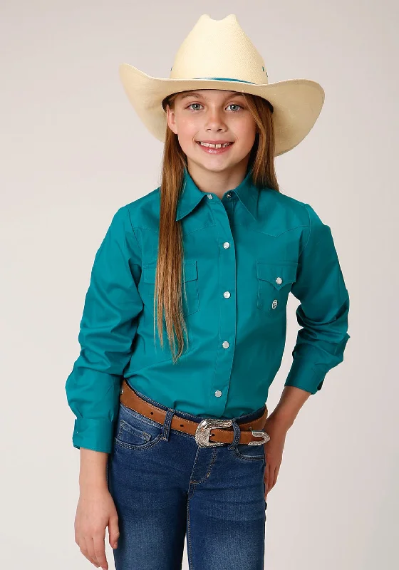 Button-Down ShirtsRoper Girls Kids Turquoise Cotton Blend Solid Poplin L/S Shirt M