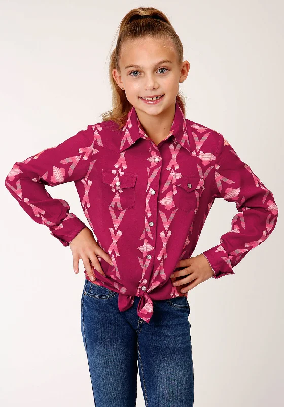 Relaxed Fit ShirtsRoper Girls Kids Wine Rayon/Nylon Aztec Print L/S Blouse Shirt