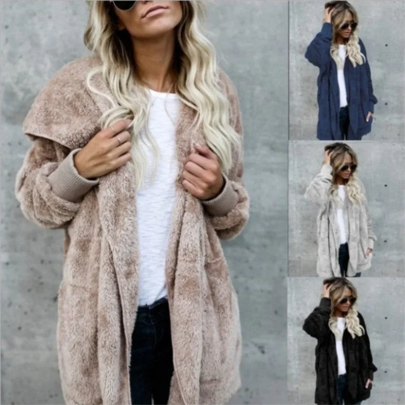 Hunting JacketsS-5XL Faux Fur Teddy Bear Coat Jacket Women Fashion Open Stitch Winter Hooded Coat Female Long Sleeve Fuzzy Jacket 2018 Hot New