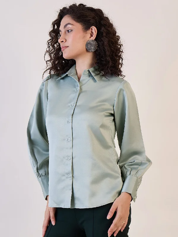 Button-Up ShirtsSage Green Balloon Sleeve Satin Shirt