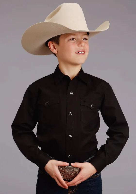 Leather-Paneled ShirtsStetson 2 Pkt Boys Black 100% Cotton Solid Poplin L/S Shirt