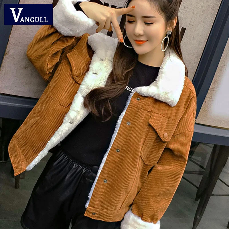 Denim JacketsVANGULL Women Winter Jacket Thick Fur Lined Coats Parkas Fashion Faux Fur Lining Corduroy Bomber Jackets Cute Outwear 2019 New