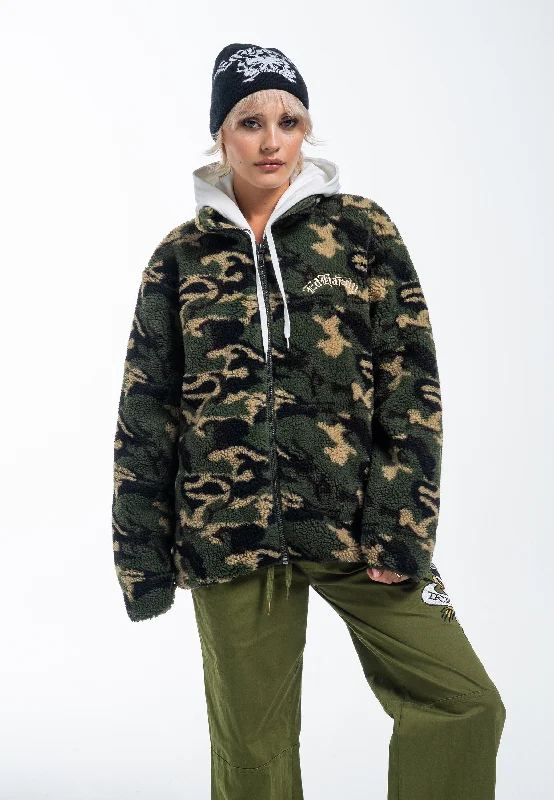 Corduroy JacketsWomens Dragon & Rose Camo Zip Thru Borg Fleece Jacket - Green Camo