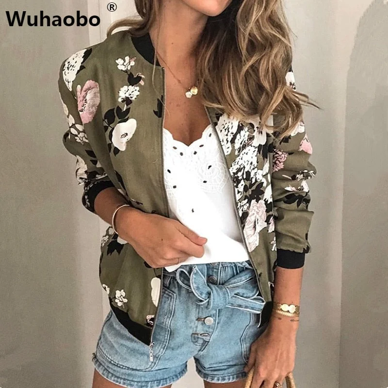 Metallic JacketsWuhaobo Fashion Retro Floral Print Women Coat Casual Zipper Up Bomber Jacket Ladies Casual Autumn Outwear Coats Women Clothing