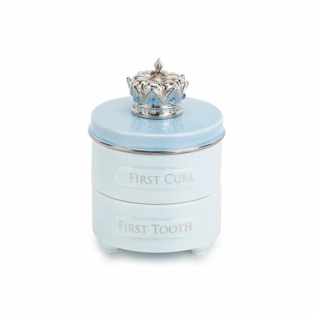 Blue First Tooth & Curl Keepsake Box with Prince Crown