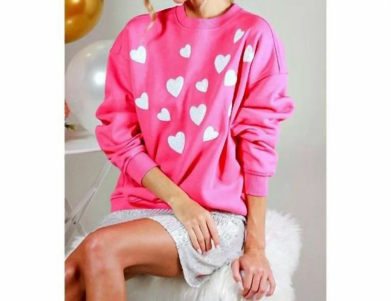 Luxury HoodiesSweatshirt With White Sequin Hearts In Pink