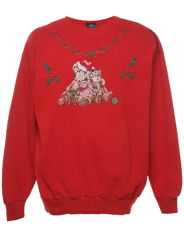 Pocketed HoodiesTeddy Bear Print Christmas Sweatshirt - L