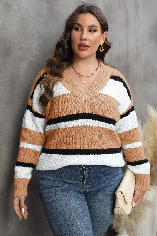 Vintage HoodiesWOMEN STRIPE PATTERN RIBBED KNIT SWEATSHIRT