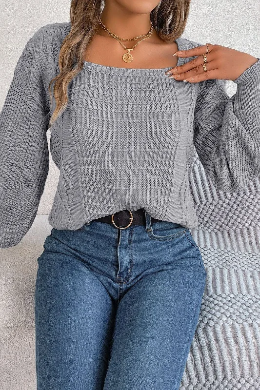 Hemp SweatshirtsWOMEN CABLE KNITTED SQUARE NECK KNIT SWEATSHIRT