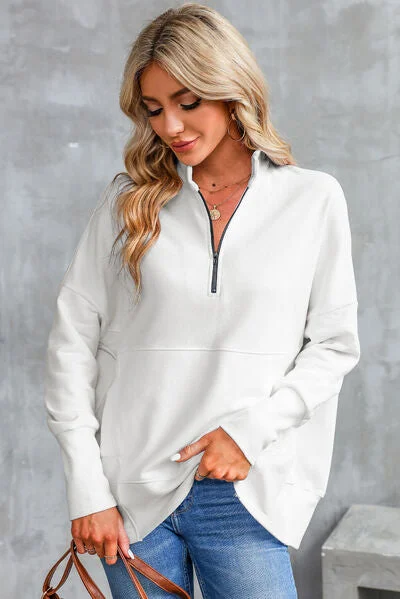 Plush HoodiesHalf Zip Pocketed Dropped Shoulder Sweatshirt