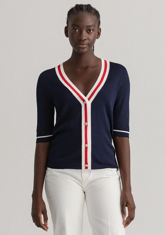 GANT Womens Contrast Trim Short Knit Cardigan, Navy