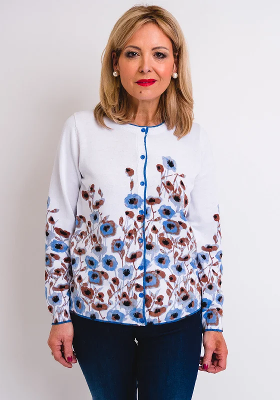 Leon Collection Floral Fine Knit Cardigan, White & Blue