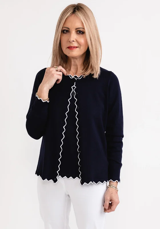 Micha Contrast Trim Fine Knit Cardigan, Navy