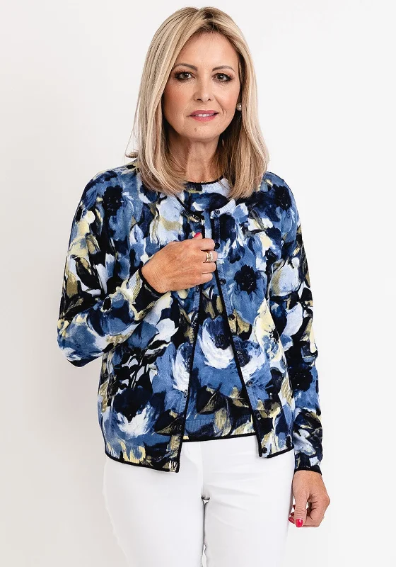 Fitted cardiganMicha Fine Knit Floral Cardigan, Blue Multi