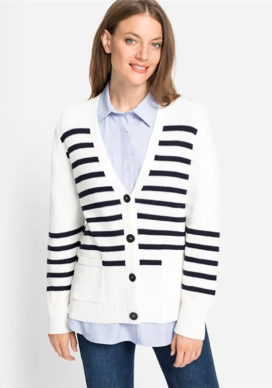 Belted cardiganOlsen Striped Knit Cardigan, White & Navy