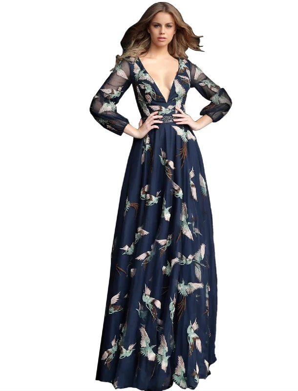 VNeckTopMesaJovani Navy Embroidered Long Sleeve V Neck Prom Gown