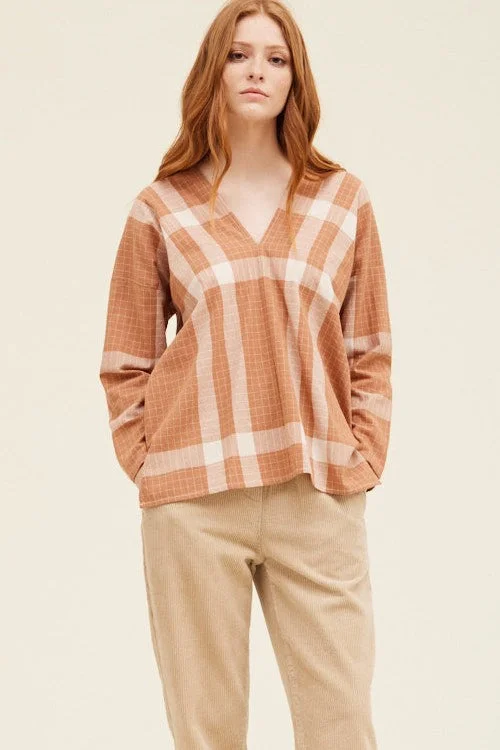 VNeckTopRisePlaid V Neck Blouse