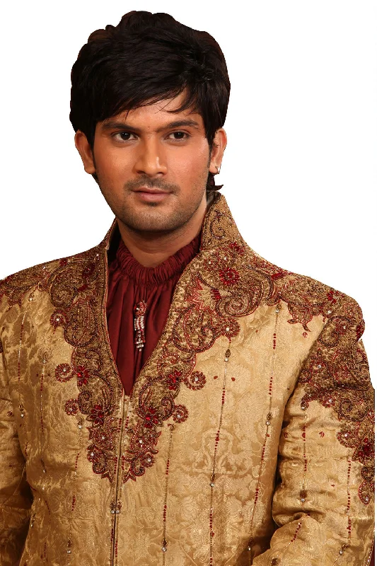 VNeckTopCoralStylish V Neck Gold Indian Wedding Sherwani For Men