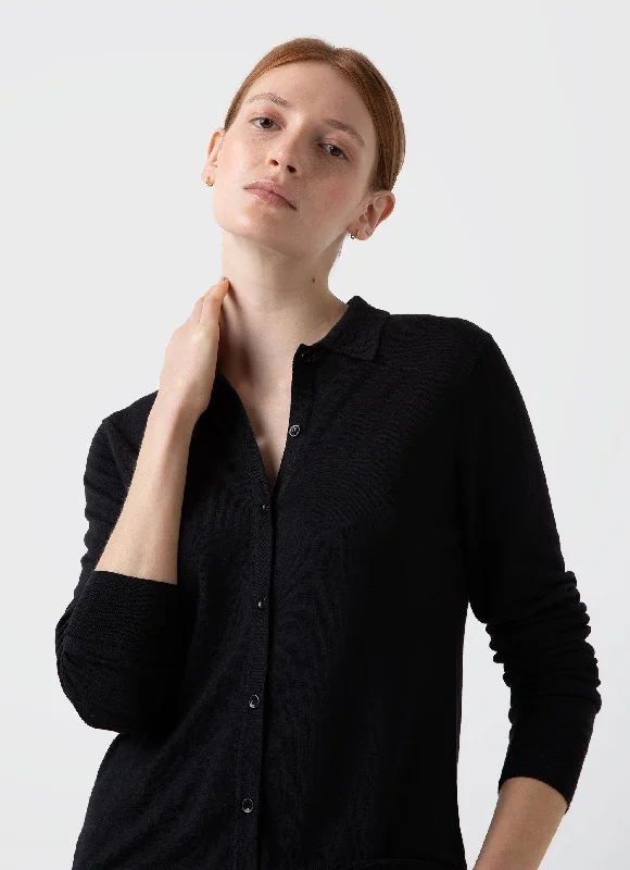 Belted cardiganWomen's Merino Silk Collar Cardigan in Black