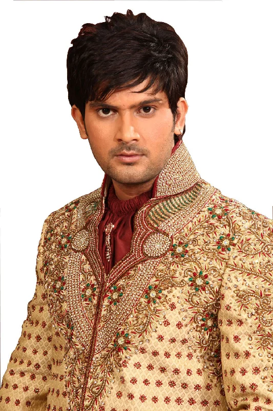 VNeckTopCurrentZari Brocade V Neck Indian Wedding Gold Sherwani For Men