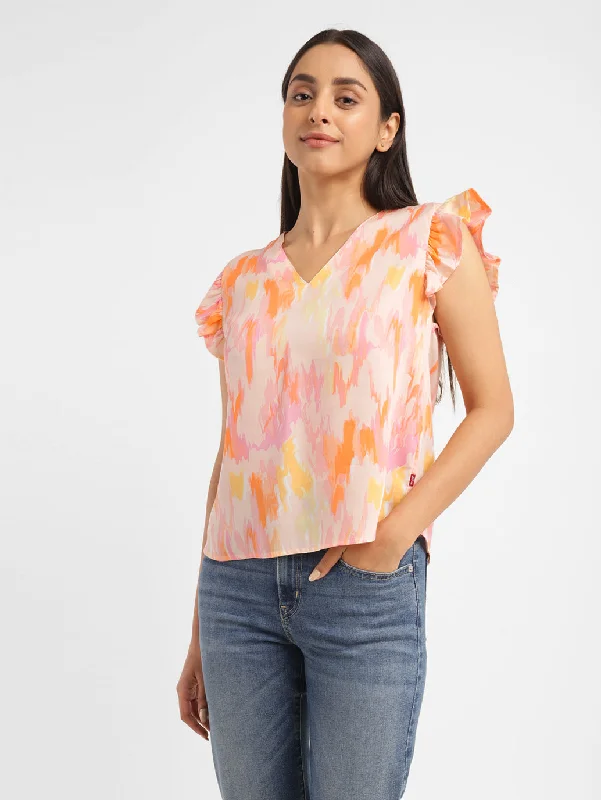 VNeckTopAmberWomen's Abstract Peach V Neck Top