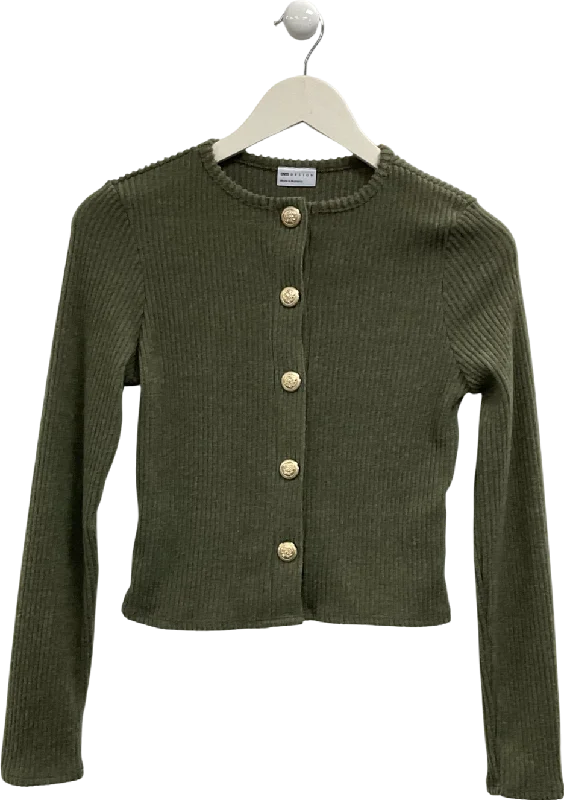 Work cardiganASOS Green Brushed Rib Long Sleeve Cardigan With Gold Buttons In Khaki UK S/M