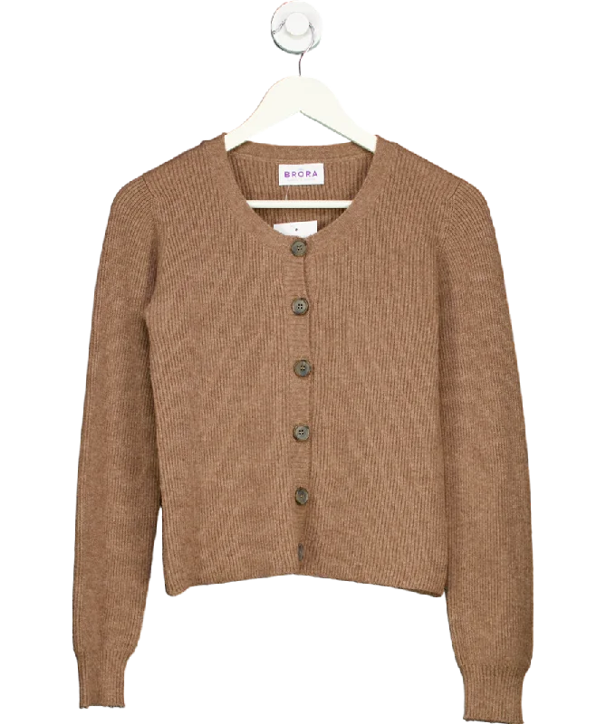 Brora Brown 100% Cashmere Round Neck Cardigan UK 8