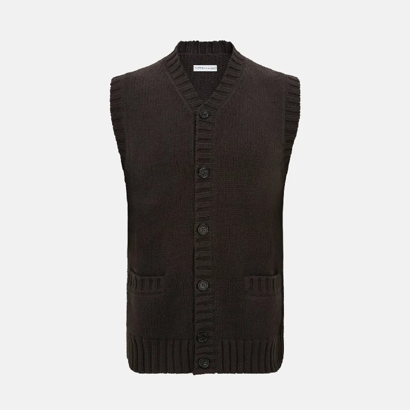 Ribbed cardiganBrown Merino V-Neck Sleeveless Cardigan