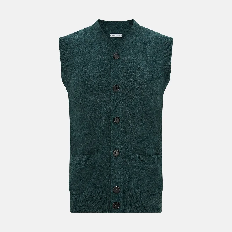 Asymmetric cardiganForest Green Melange Cashmere Sleeveless Cardigan