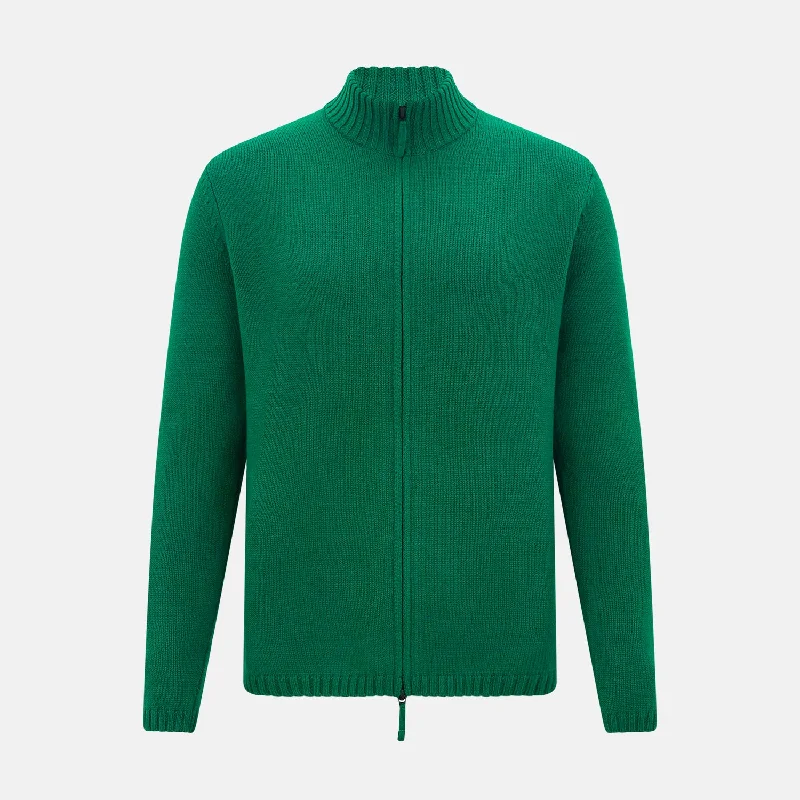 Anti-pill cardiganForest Green Merino High Neck Zipped Cardigan