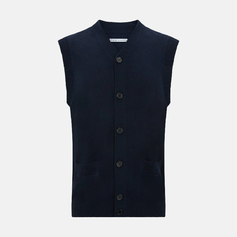 Navy Cashmere V-neck Sleeveless Cardigan