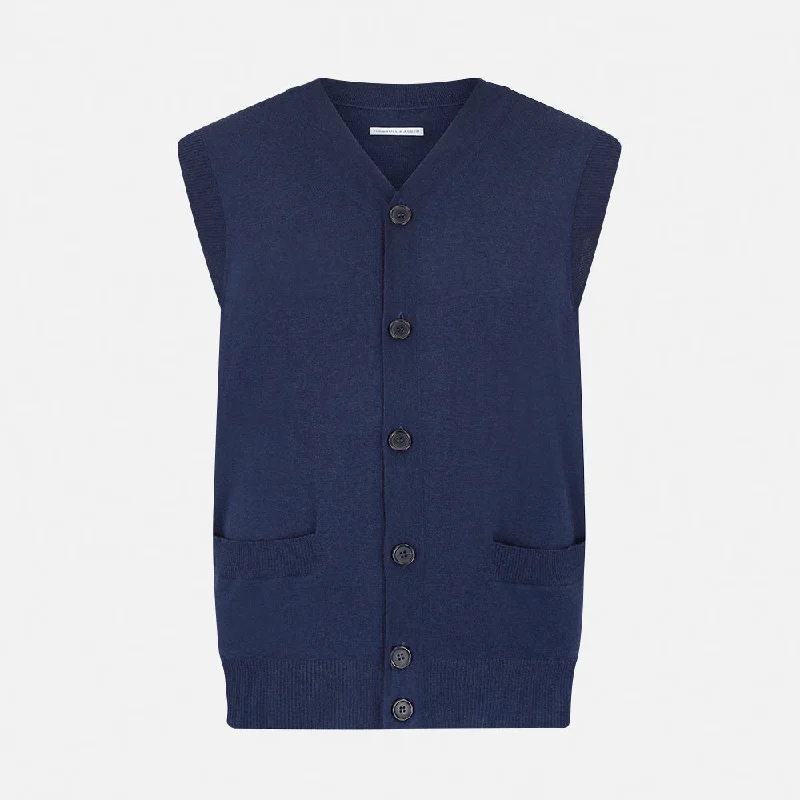 Heated cardiganNavy Fine Merino V-Neck Sleeveless Cardigan