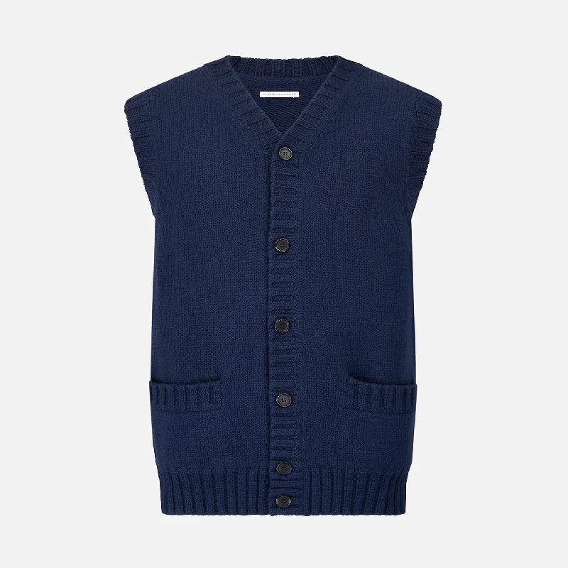 Windproof cardiganNAVY MERINO V-NECK SLEEVELESS CARDIGAN