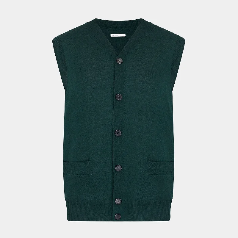 Travel cardiganPetrol Green Fine Merino V-Neck Sleeveless Cardigan