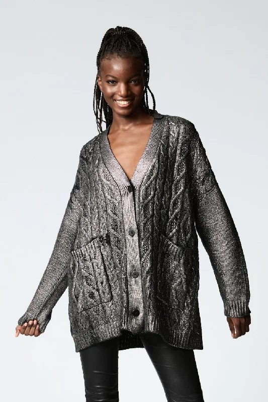 Belted cardiganLAMINATED V NECK LONG RAGLAN CARDIGAN WITH BRAIDS