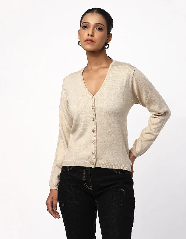 Women Woolen Round Neck Cardigan With Front Buttons