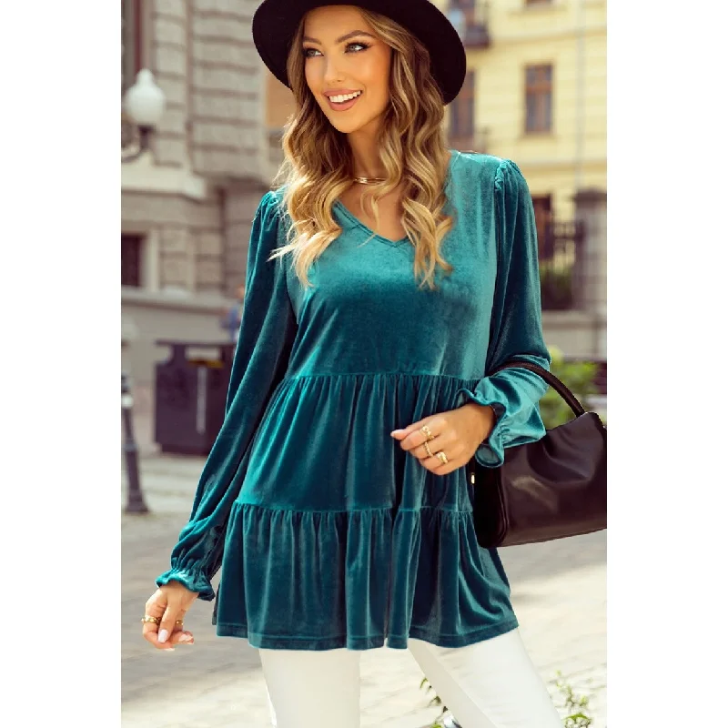 VNeckTopCosmoJasmine Velvet V Neck Puff Sleeve Blouse