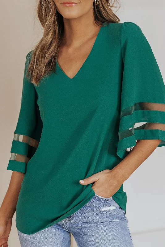 VNeckTopFlexHazel Blues® | Sheer Striped Flare Sleeve V-Neck Blouse