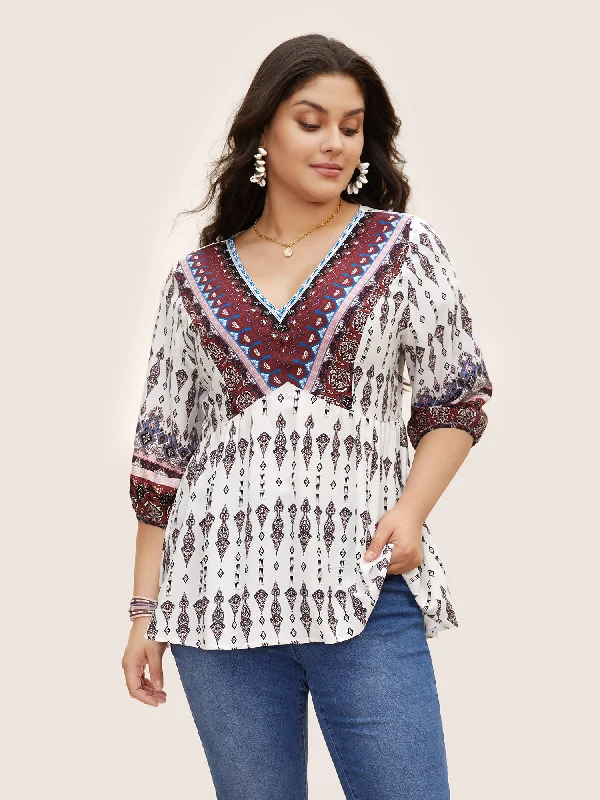 VNeckTopMarineV Neck Boho Print Lantern Sleeve Blouse