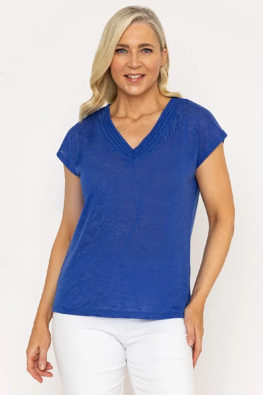 VNeckTopRubyV Neck Slub Top With Neck Details in Blue