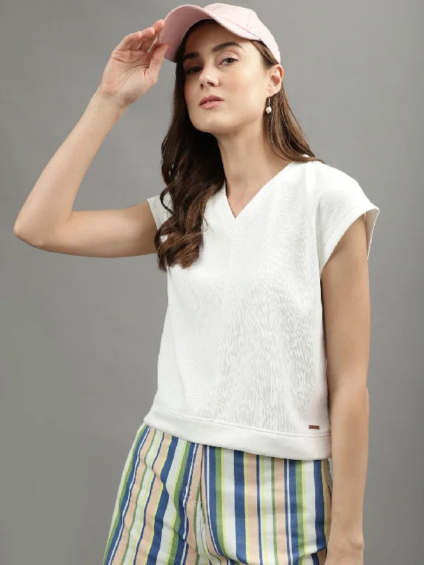 VNeckTopQuasarIconic Women White Solid V Neck Top