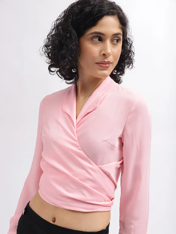 VNeckTopExplorerElle Women Pink Solid V-Neck Full Sleeves Top