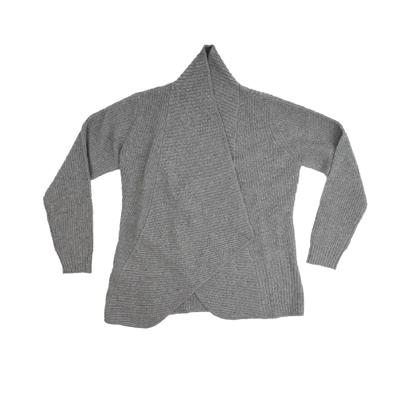 Ladies Cashmere 2 Ply Ribbed Plain Cardigan Grey Mid