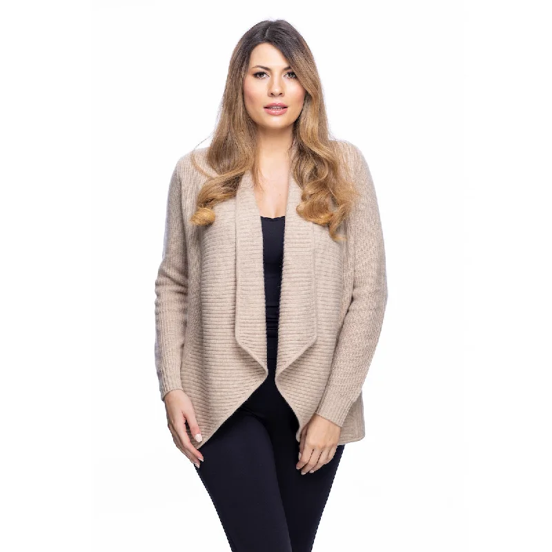 Ladies Cashmere 2 Ply Ribbed Plain Cardigan Sand Beige