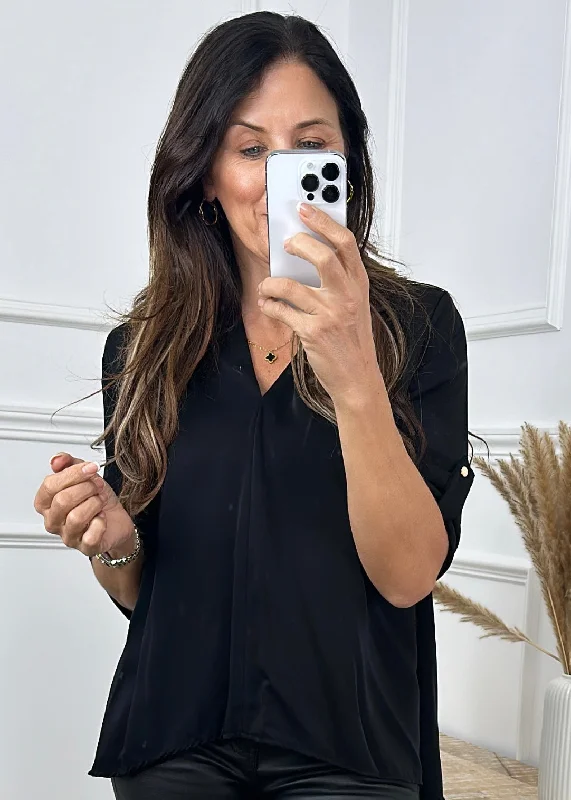 VNeckTopCosmoRoisin Black V Neck Blouse