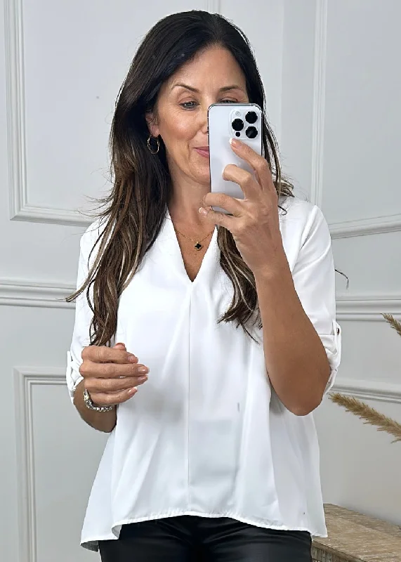 VNeckTopVortexRoisin White V Neck Blouse