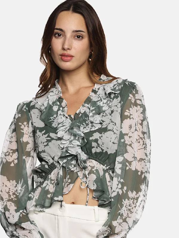 VNeckTopPlusIS.U Floral Green V-Neck Blouson Sleeve Top