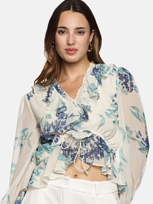 VNeckTopXIS.U Floral White V-Neck Blouson Sleeve Top